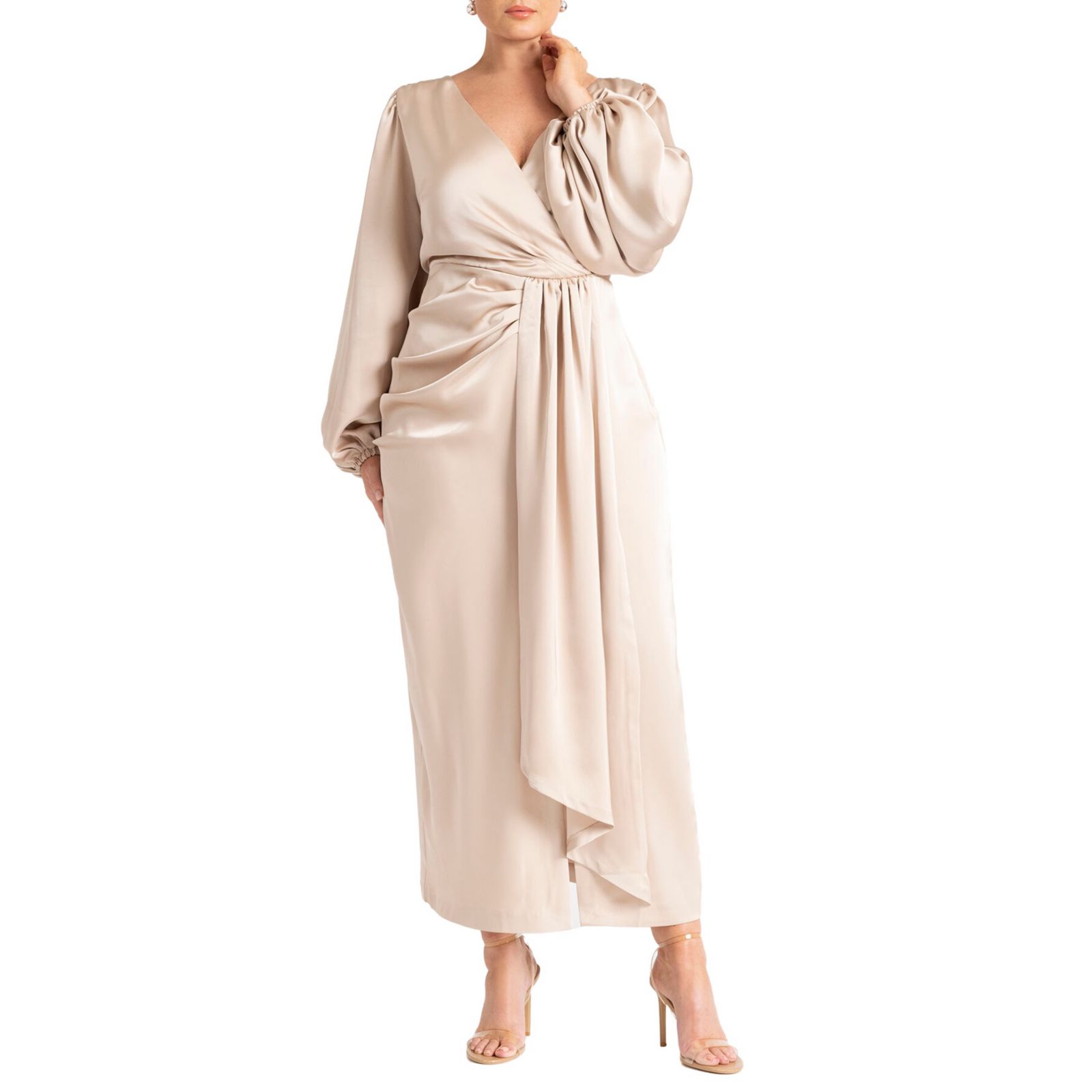 ELOQUII Women's Pleated Satin Puff-Sleeve Maxi Dress