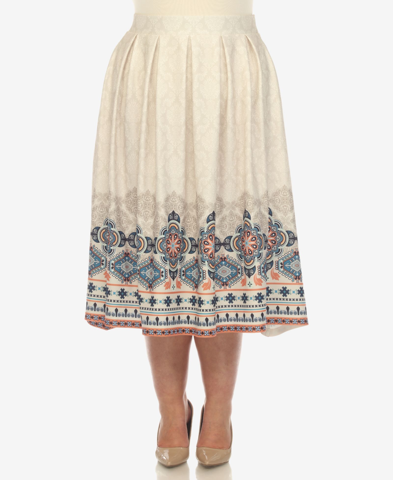 White Mark Plus Size Pleated Skirt with Border Print