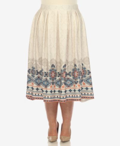 White Mark Plus Size Pleated Skirt with Border Print