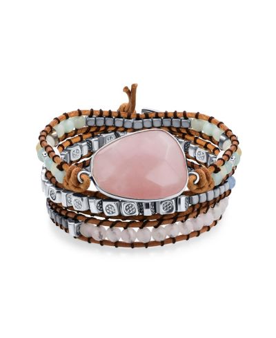 Bling Jewelry Rose Pink Quartz Aqua Amazonite Leather Boho Wrap Bracelet Button Clasp