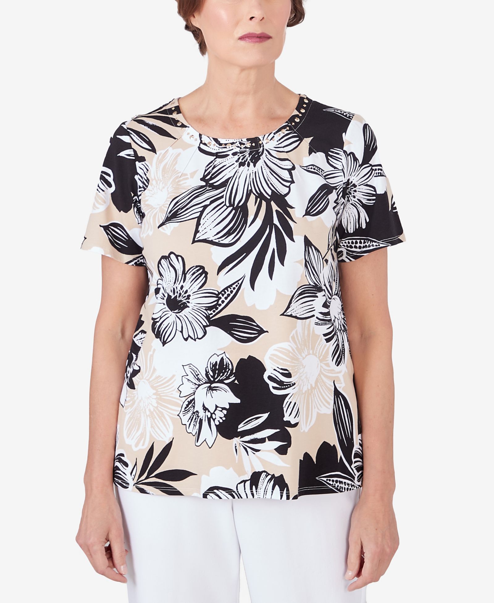 Женский топ Alfred Dunner Pleated Neck Bold Floral Short Sleeve Tee