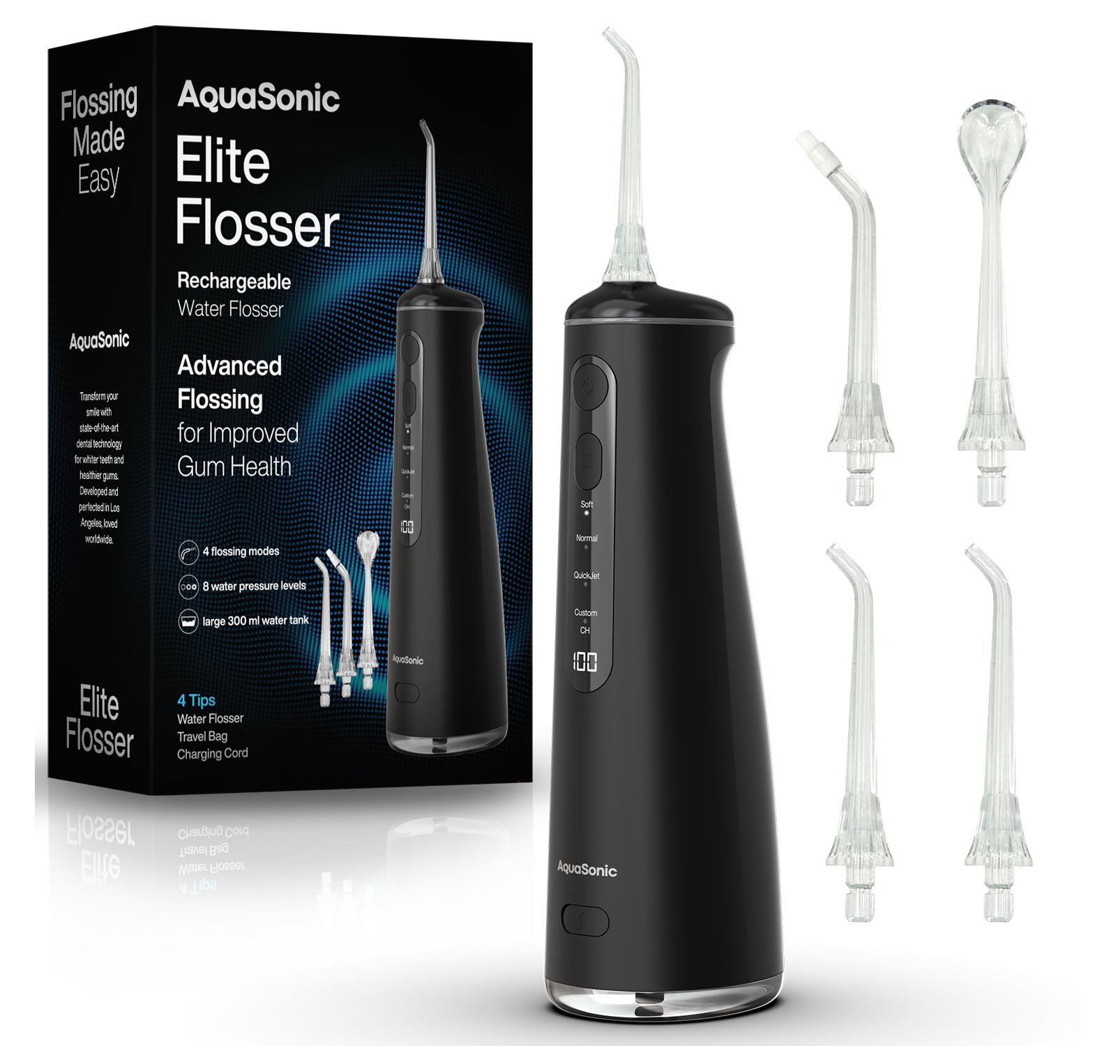 AquaSonic Elite Flosser - Rechargeable Water Flosser with 4 Tips - Oral Irrigator with 4 Modes - Portable & Cordless