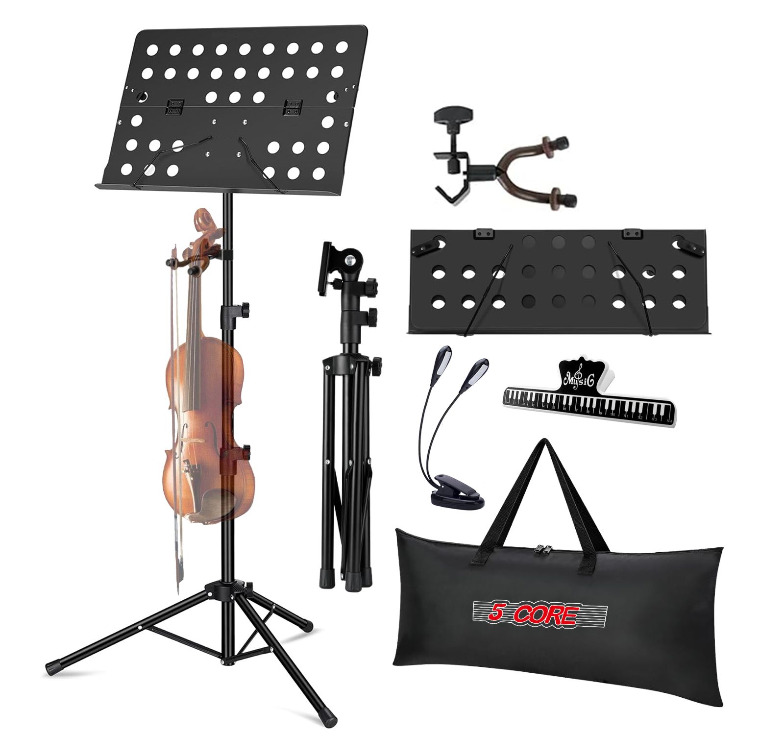 5 Core Music Stand For Sheet Music Height Adjustable Portable Folding Atril Para Partituras w Light Clip for Guitar Players Violinists Cellists Pianists - MUS FLD HD ACC BLK
