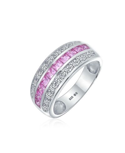 Кольцо Bling Jewelry Art Deco Style Pink Blue Clear Cubic Zirconia CZ Dome 3 Row Wide Statement Band Sterling Silver 8MM