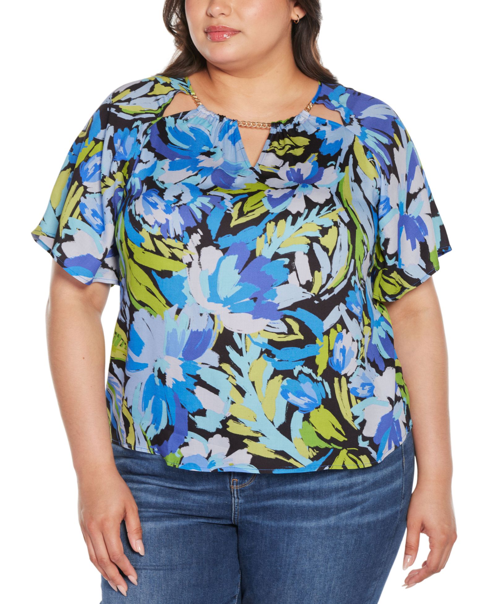 Belldini Black Label Plus Size Abstract Floral Cutout Detail Top