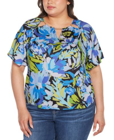 Belldini Black Label Plus Size Abstract Floral Cutout Detail Top