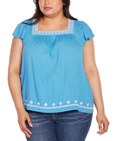 Belldini Black Label Plus Size Boho Embroidered Square Neck Top