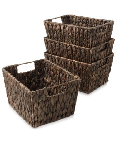 Casafield Set of 4 Whitewash Water Hyacinth Baskets with Handles, 12x9x6 Storage Bins for Shelves, Blankets & Laundry