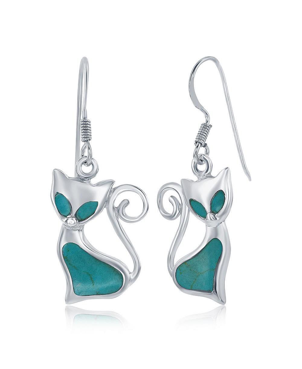 Simona Sterling Silver Created Turquoise Cat Earrings