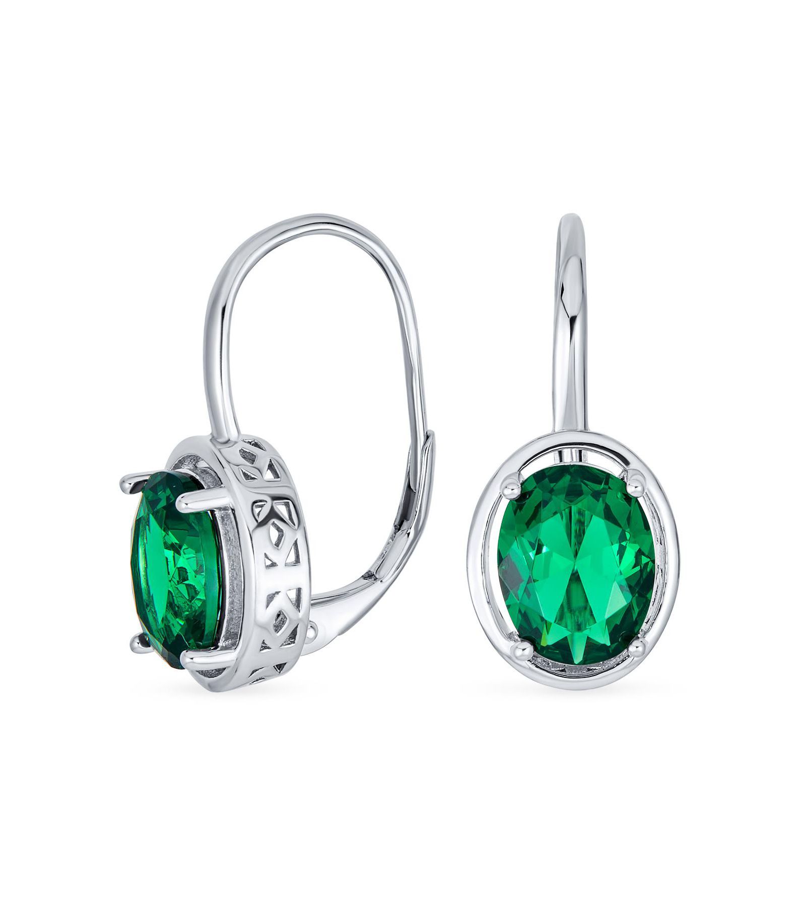 Bling Jewelry Elegant Filigree Design Emerald Oval CZ Drop Earrings .925 Sterling Silver