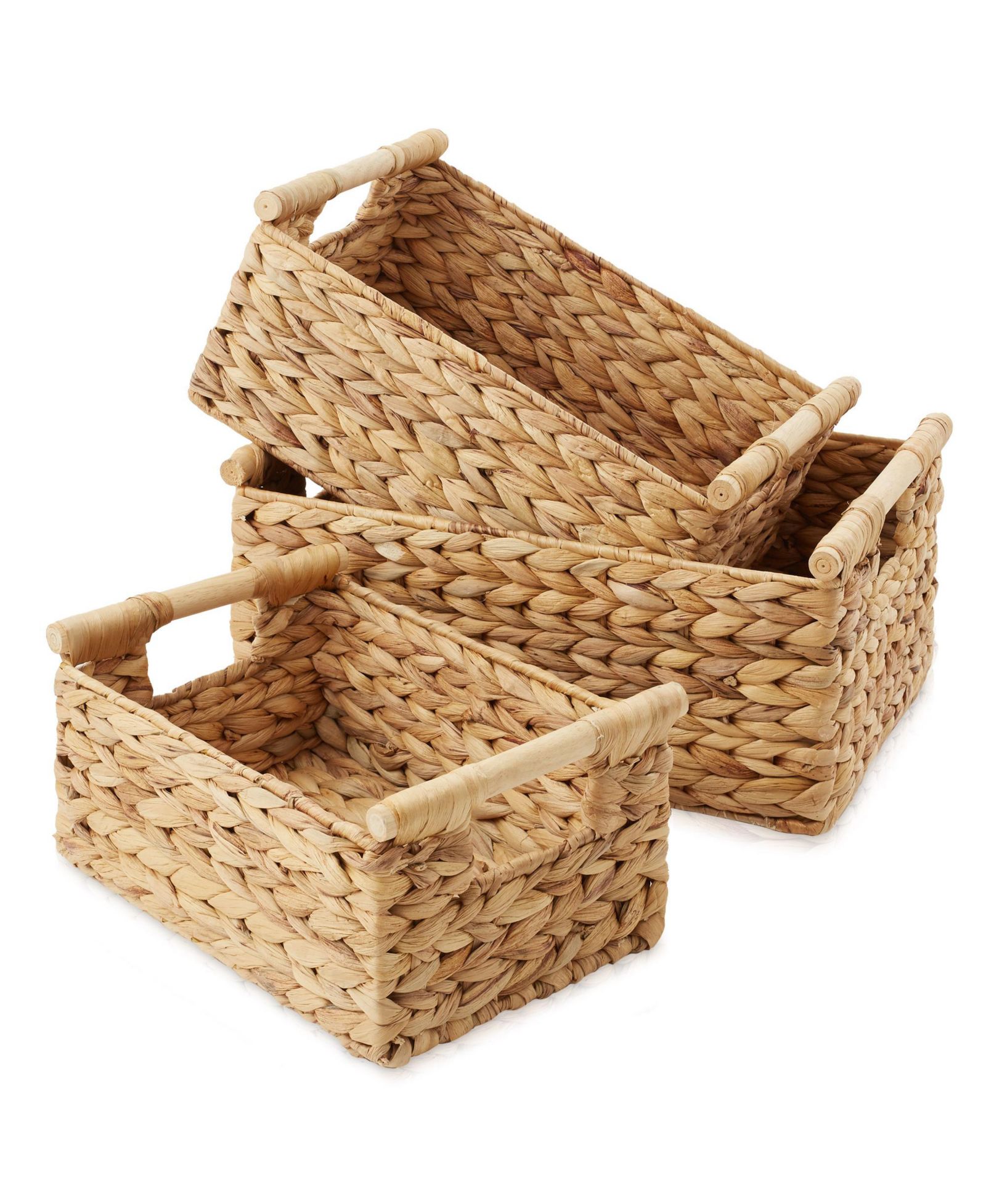 Casafield Set of 3 Water Hyacinth Rectangular Storage Baskets with Wooden Handles - Small, Medium, Large Woven Nesting Baskets
