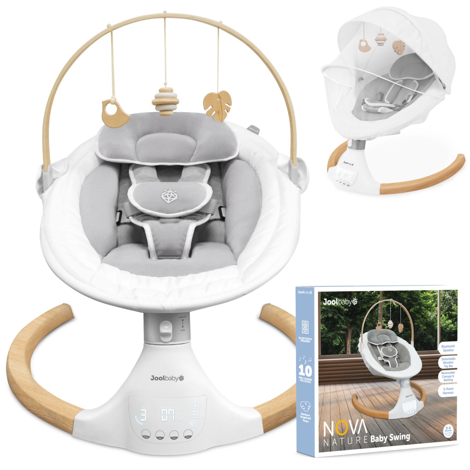Детская качель Jool Baby Nova Nature с натуральными деревянными игрушками, электромотором и Bluetooth