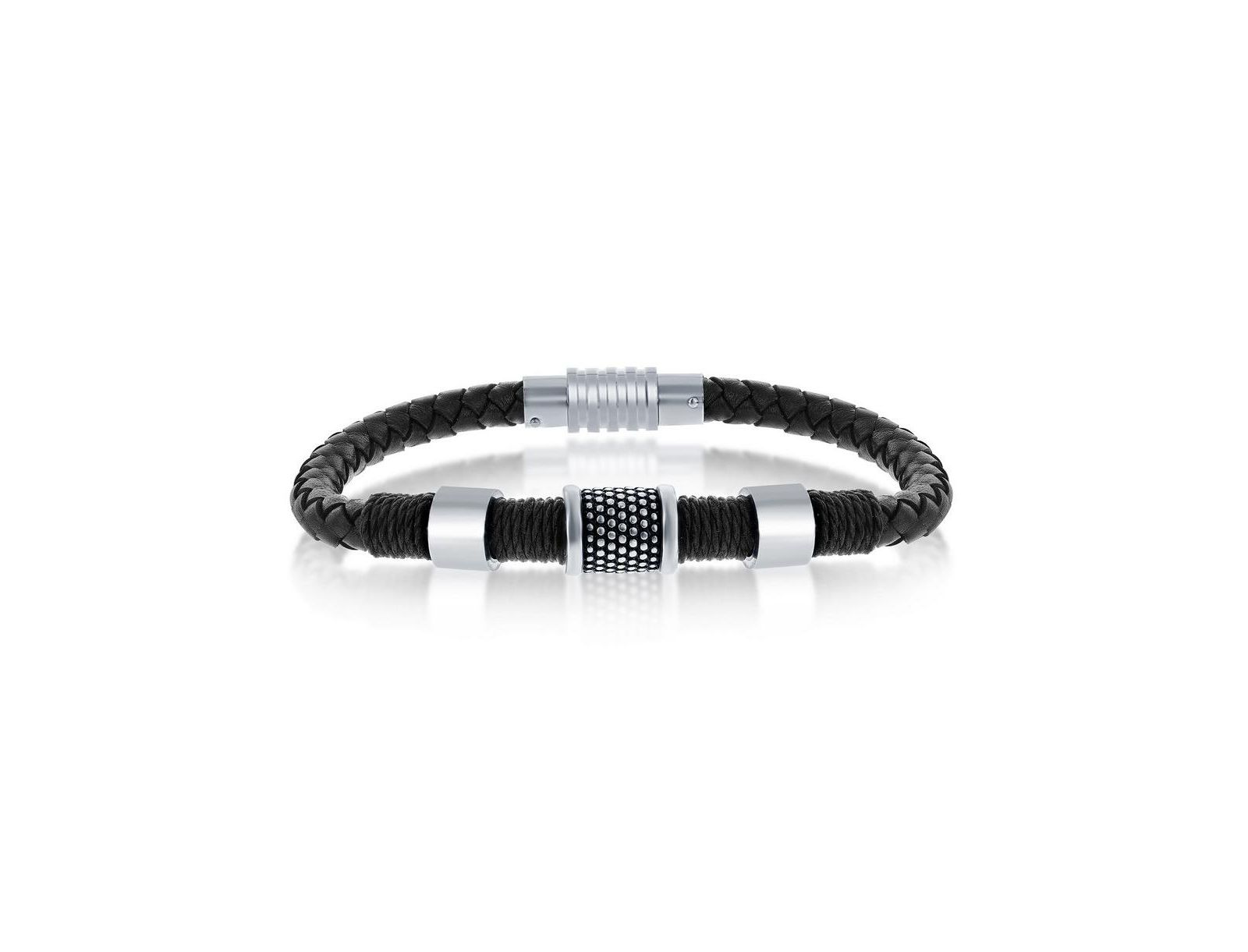 Metallo Stainless Steel Oxidized Genuine Leather Bracelet