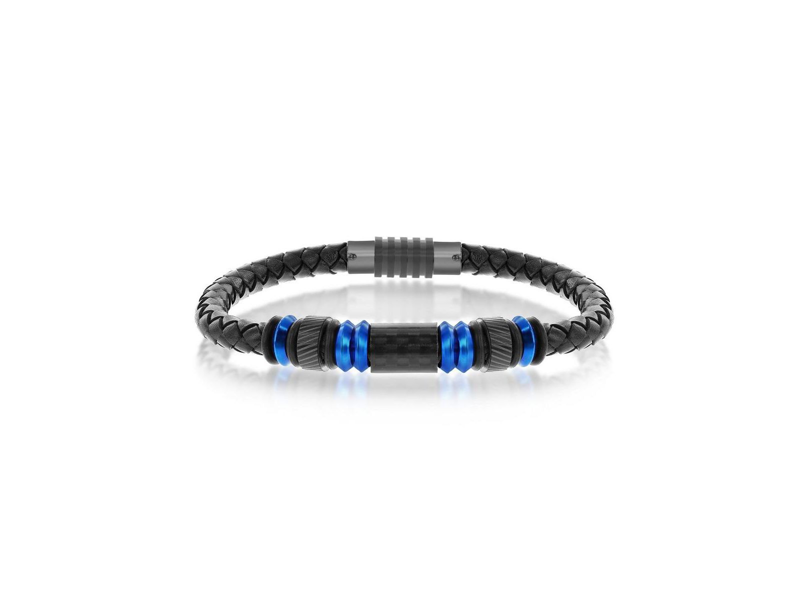 Metallo Stainless Steel w/ Black Carbon Fiber Genuine Leather Bracelet