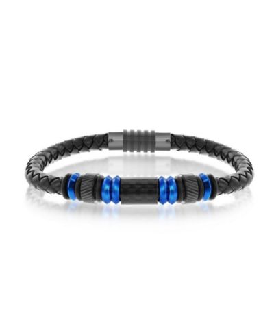 Metallo Stainless Steel w/ Black Carbon Fiber Genuine Leather Bracelet