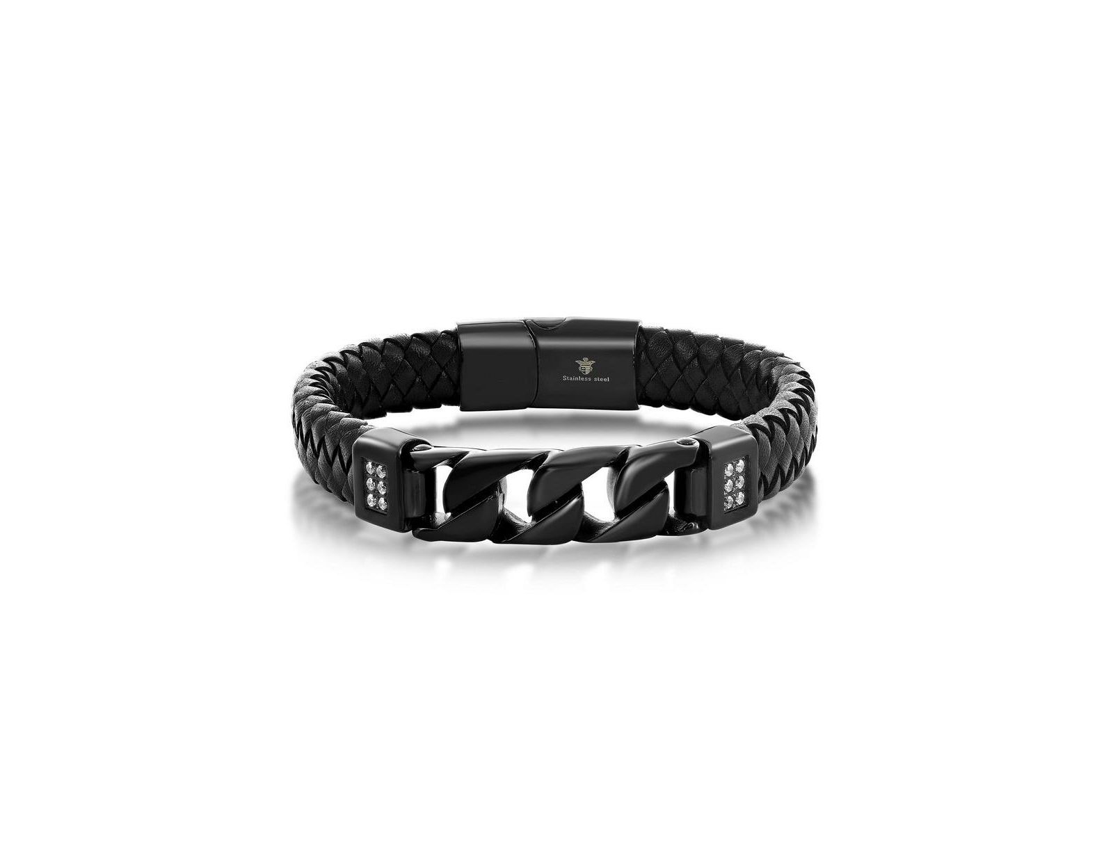 Metallo Stainless Steel Genuine Leather Curb Link CZ Bracelet