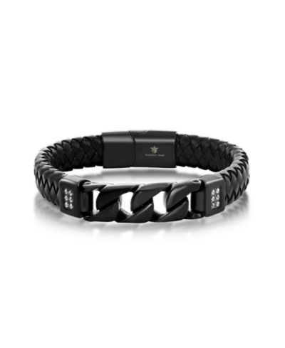 Metallo Stainless Steel Genuine Leather Curb Link CZ Bracelet