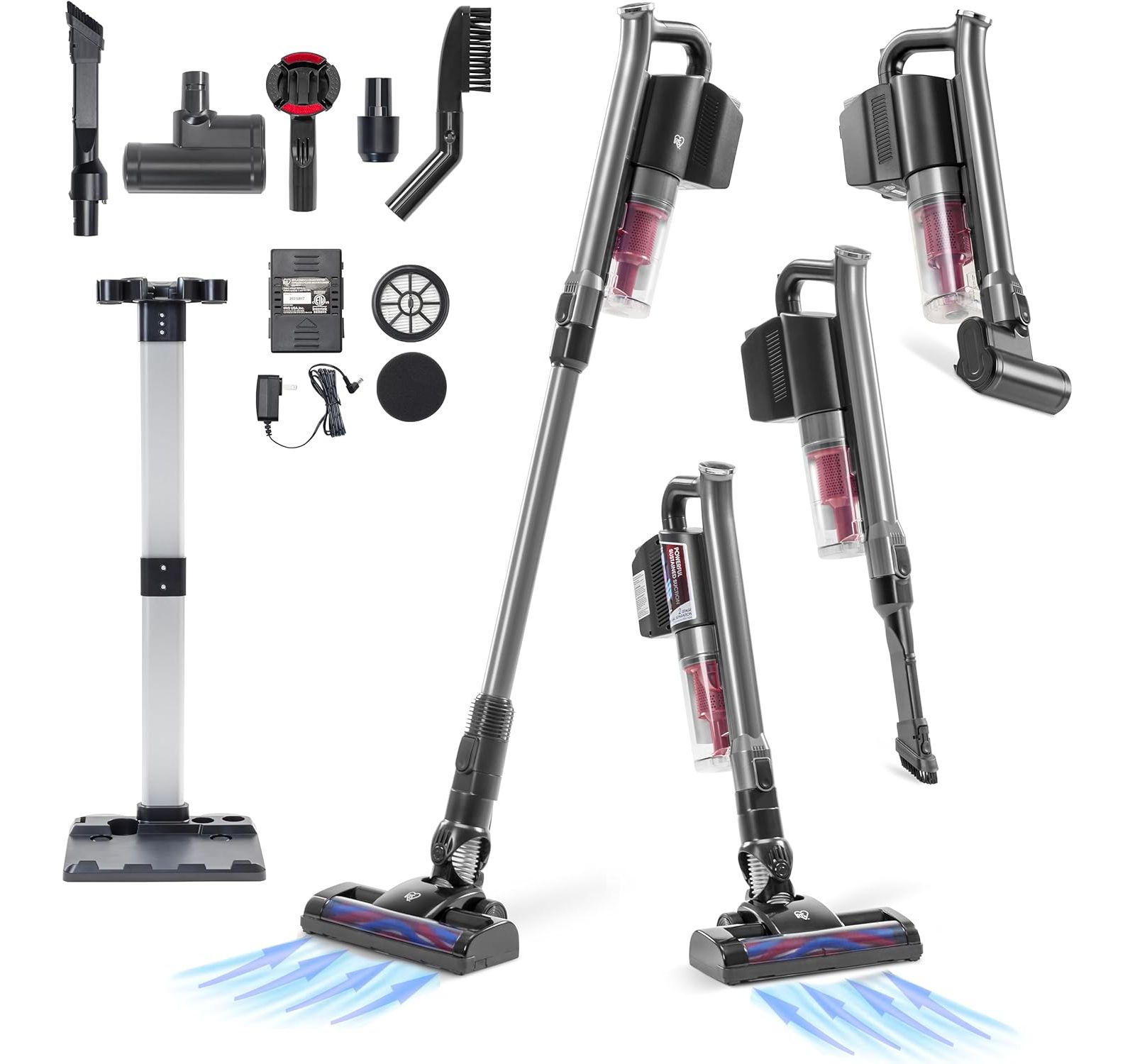 IRIS USA Power Brush Cordless Stick Vacuum for Low-profile Carpet Rugs and Hard Floors, Stand and 6-in-1 Attachments, 9000Pa Suction LED Indicator