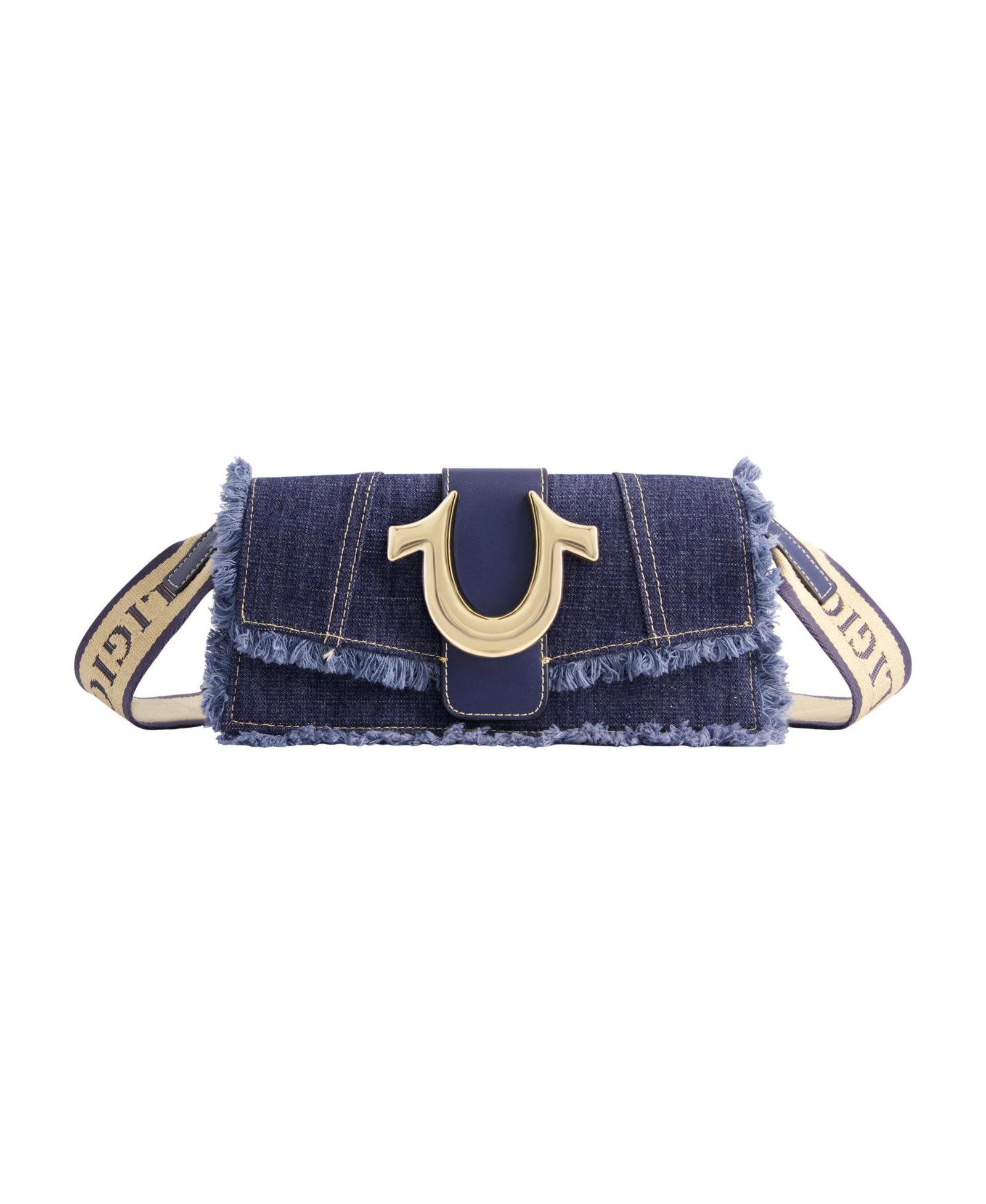 True Religion Frayed Denim Flap Bag with Logo Strap