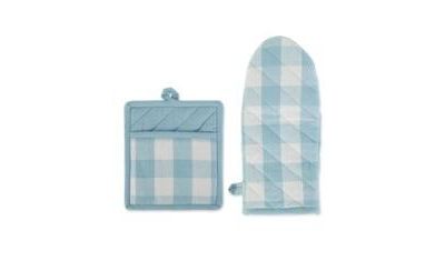 Design Imports Buffalo Check Kitchen Collection, Classic Farmhouse Kitchen Set, Potholder Oven Mitt, White Light Blue, 2 Piece