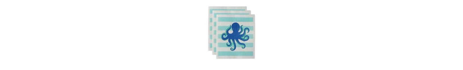 Design Imports Swedish Dishcloths for Kitchen Cleaning, Machine Washable Dishwasher Safe, 7.75 x 6.75", Octopus, 3 Piece