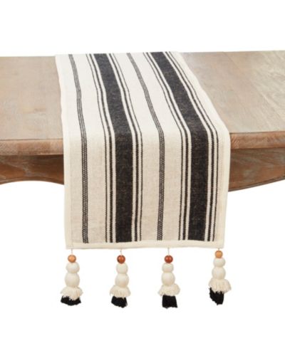 Saro Lifestyle Wood Bead Tassel Trimmed Stripe Table Runner, 13"x72"