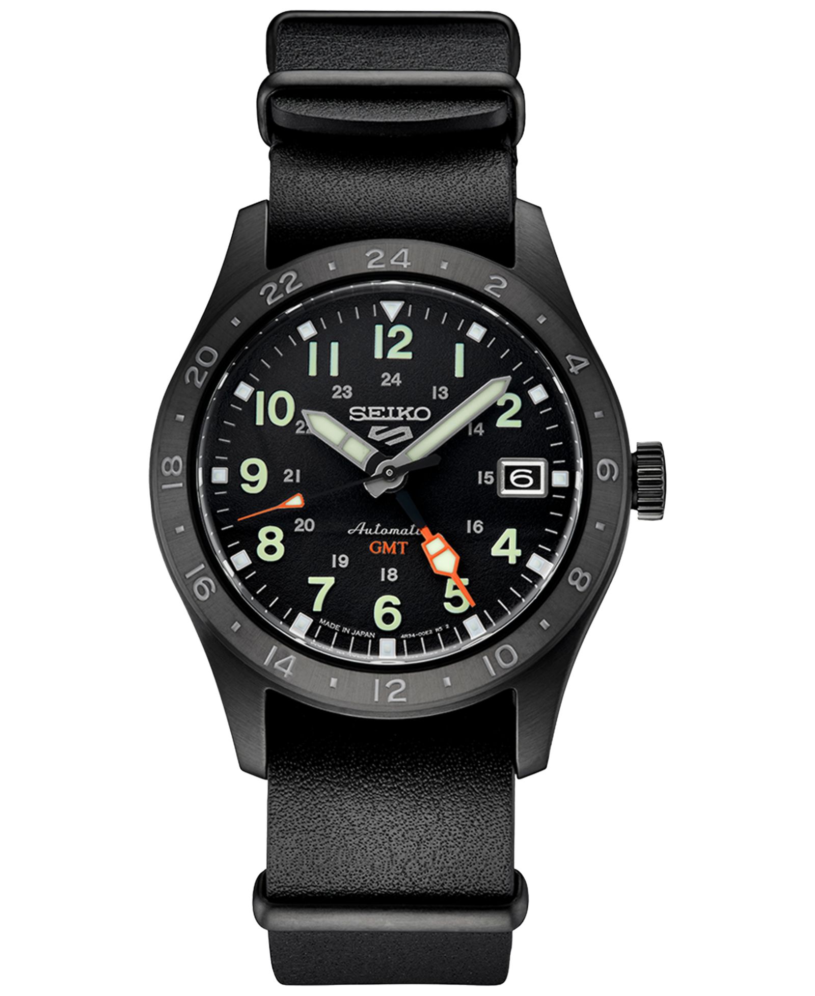 Seiko Men's Automatic 5 Sports GMT Black Leather Strap Watch 39mm