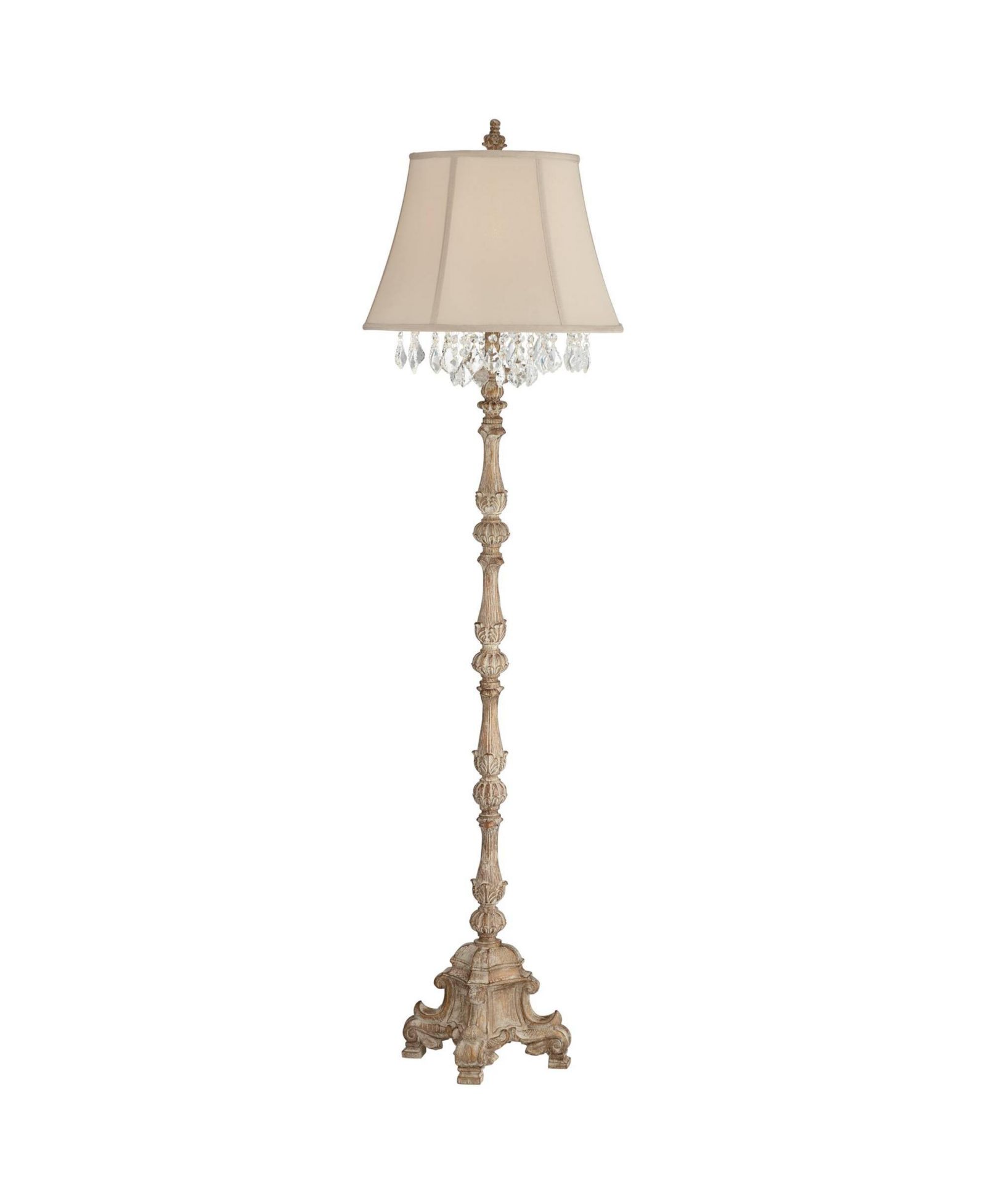 Regency Hill Duval Country Cottage Floor Lamp 63 1/2" Tall Distressed Faux Wood Candlestick Crystal Glass Beading Cream Bell Shade for Living Room