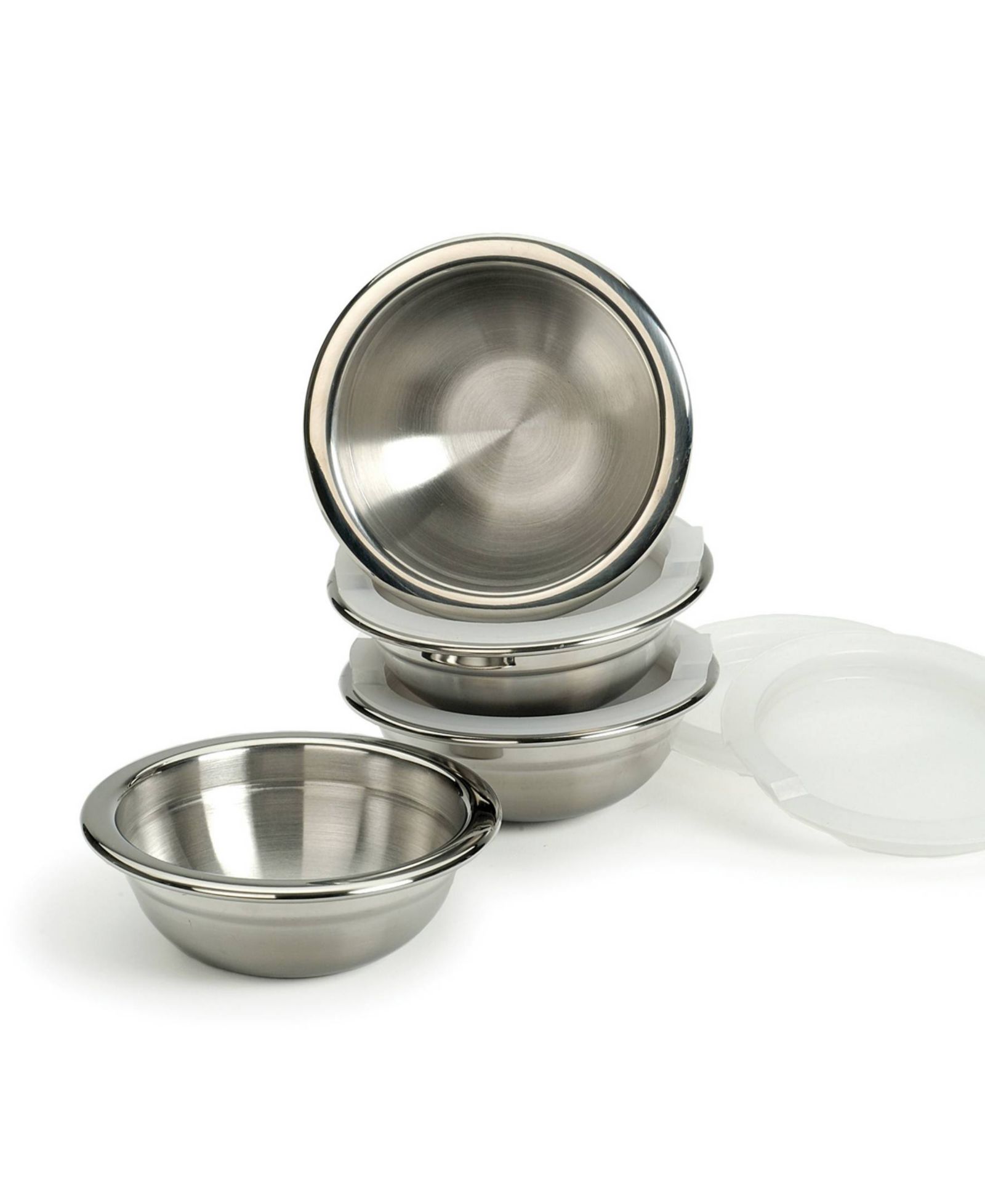RSVP International Endurance Stainless Steel 4 Piece 1 Cup Prep Bowls With Plastic Lid Set