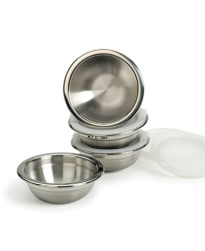RSVP International Endurance Stainless Steel 4 Piece 1 Cup Prep Bowls With Plastic Lid Set