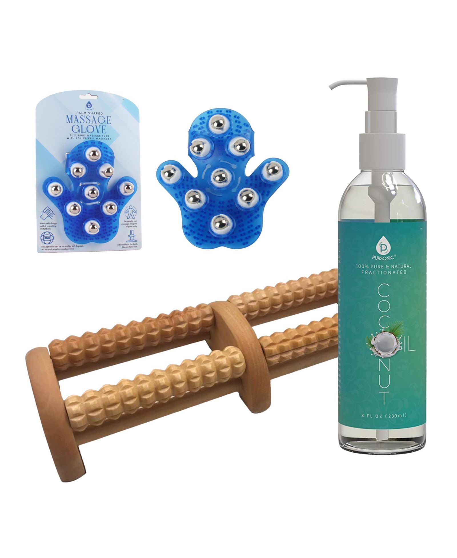 PURSONIC Relaxation Gift Bundle: Palm Shaped Massage Glove, Wooden Foot Massager, and Fractionated Coconut Oil