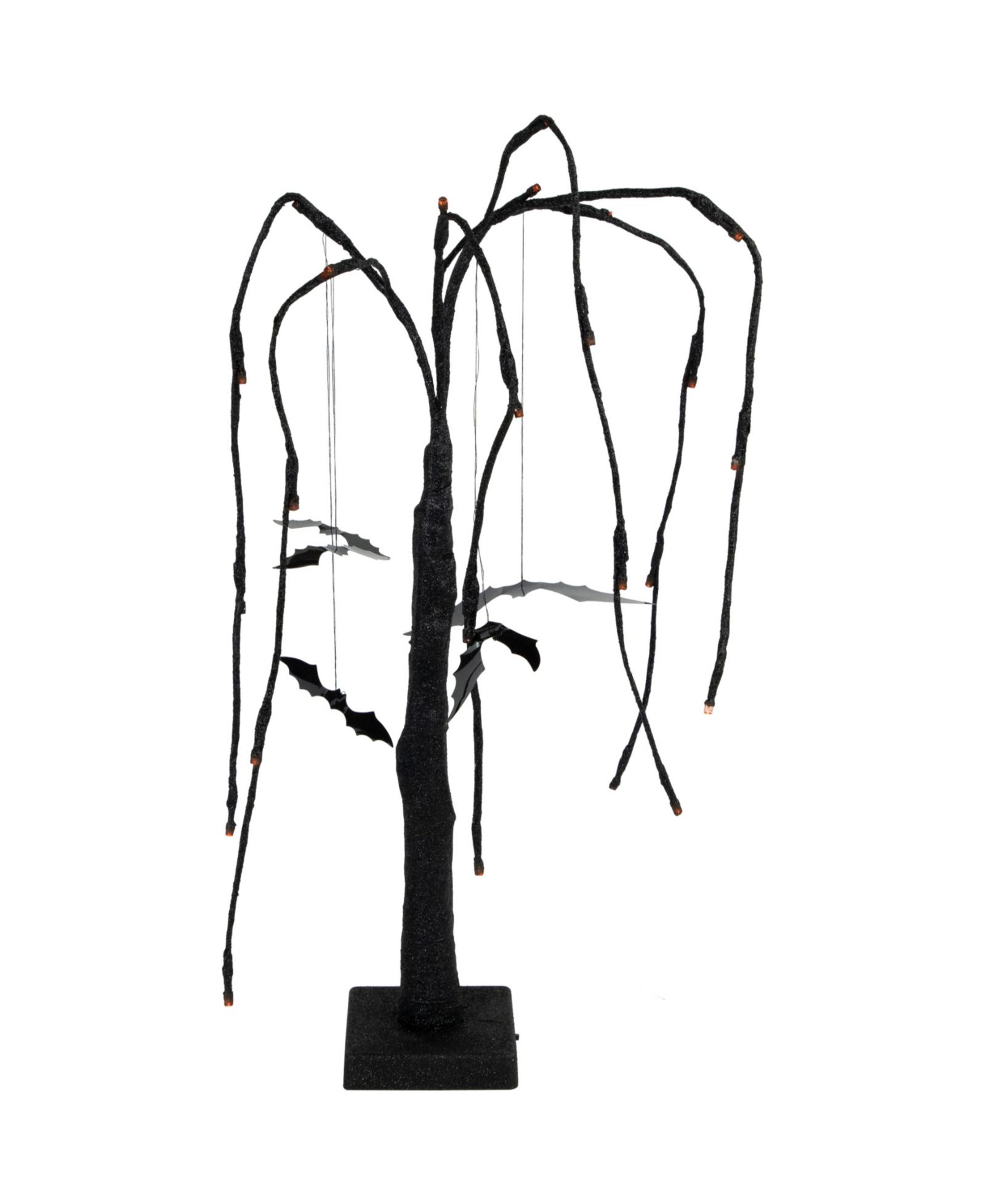 Northlight 24" LED Lighted Black Glittered Halloween Willow Tree with Bats - Orange Lights