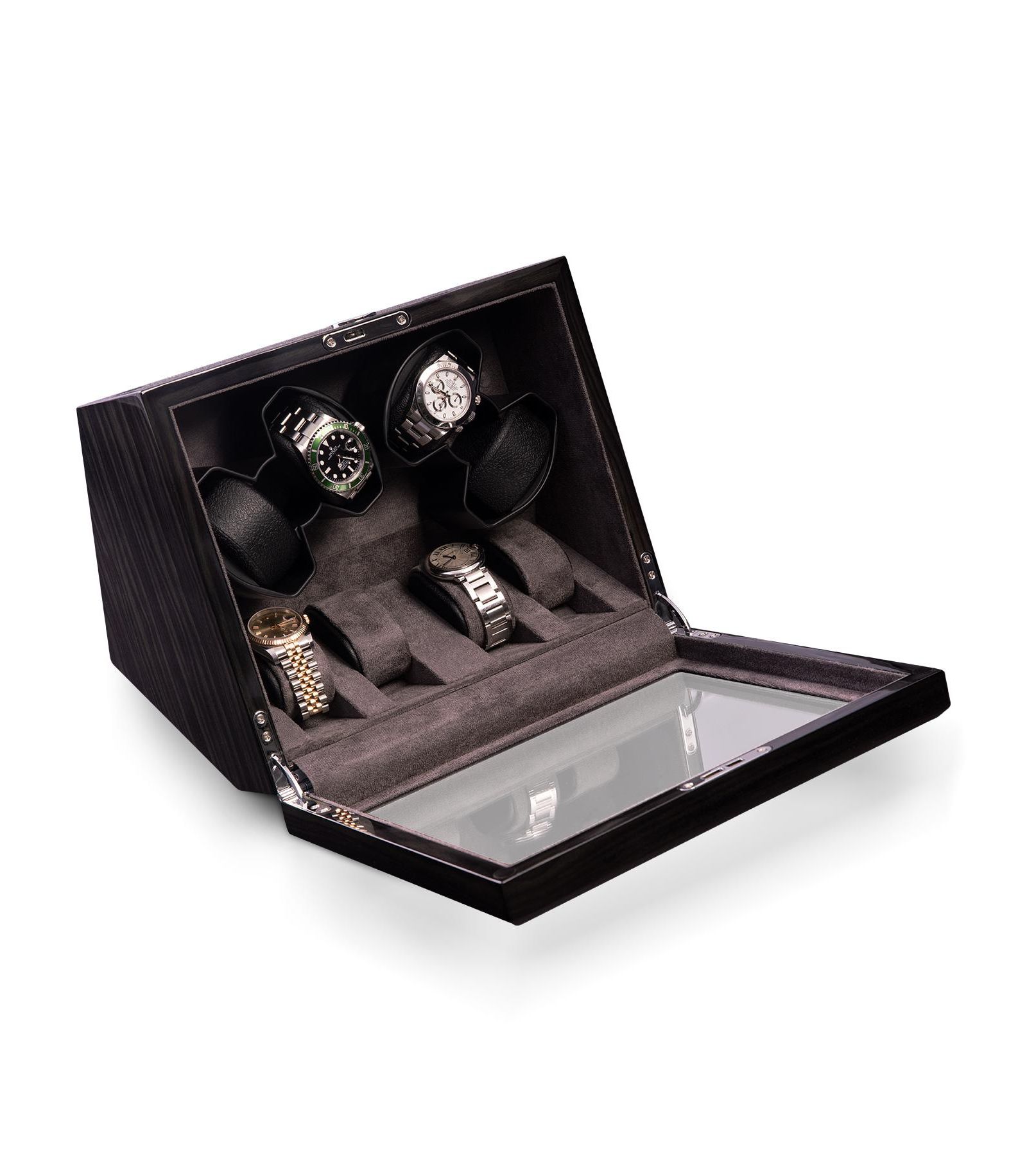 Bey-Berk Ash wood high lacquer four watch winder and four watch storage case with glass top