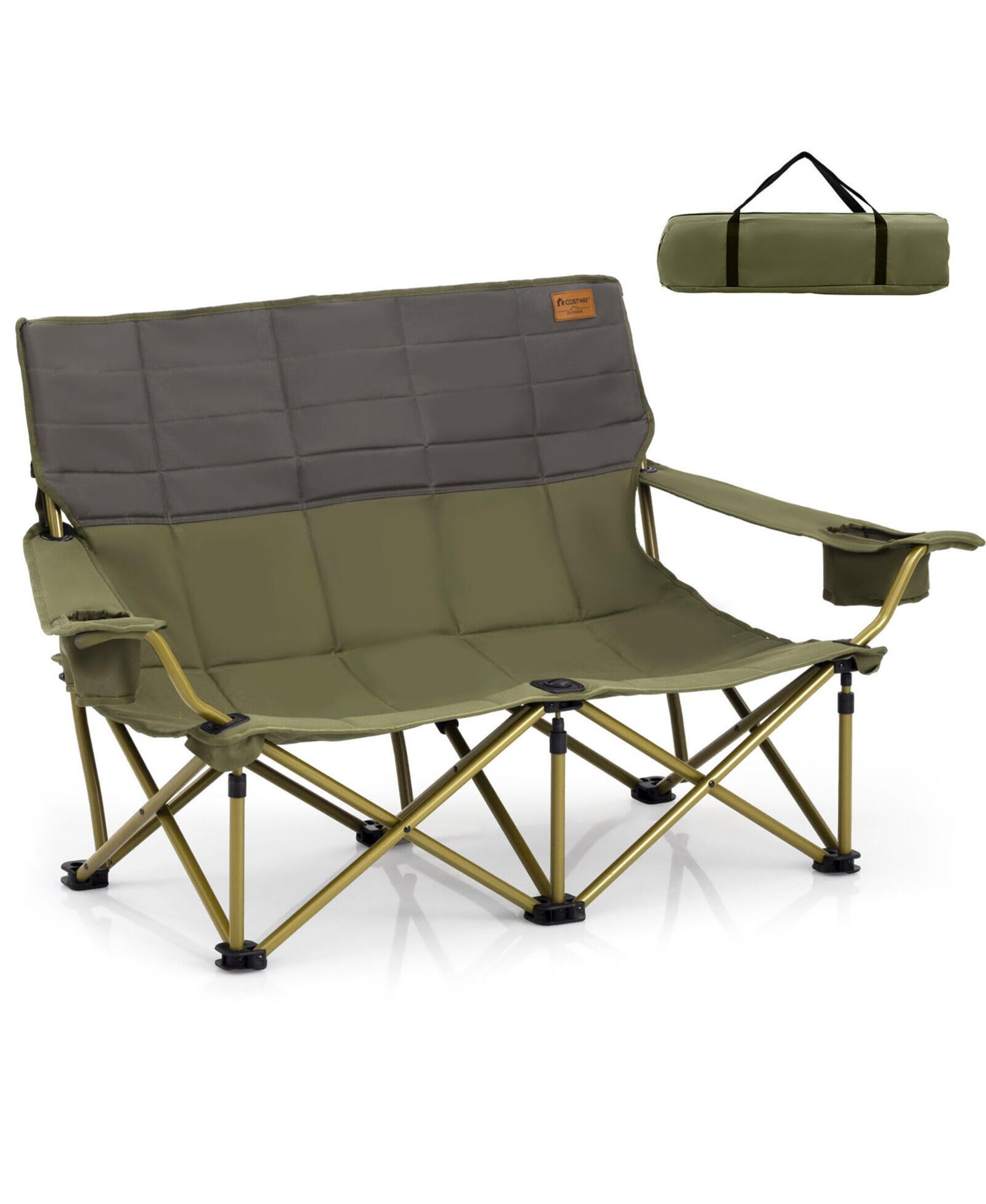 Gymax Oversized Camping Chair Folding Loveseat с держателями для чашек и мягкой обивкой Green