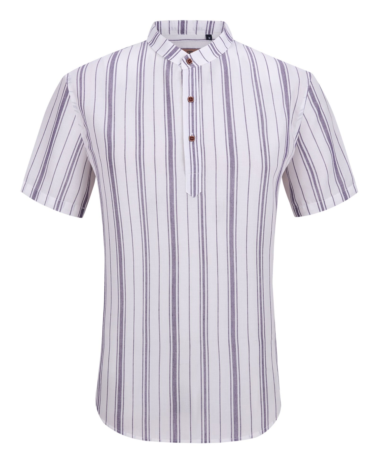 Suslo Couture Men's Linen Stripped Banded Collar Button Up