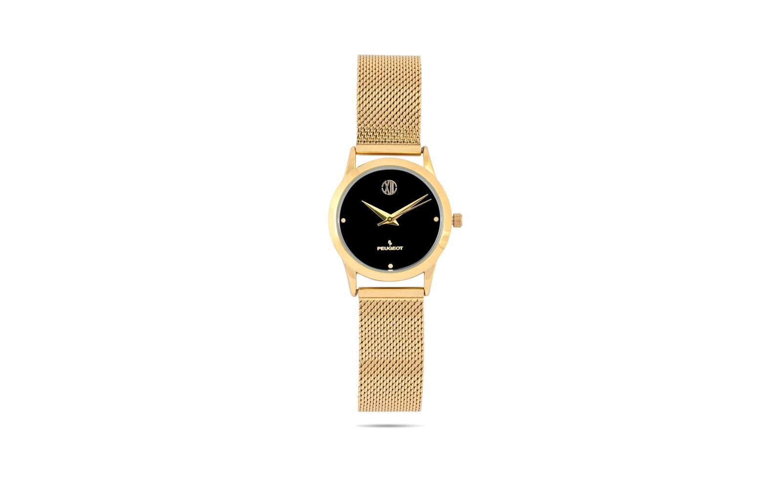 Peugeot Women's 30mm Wafer Slim Gold Plated Case Watch with Mesh Band