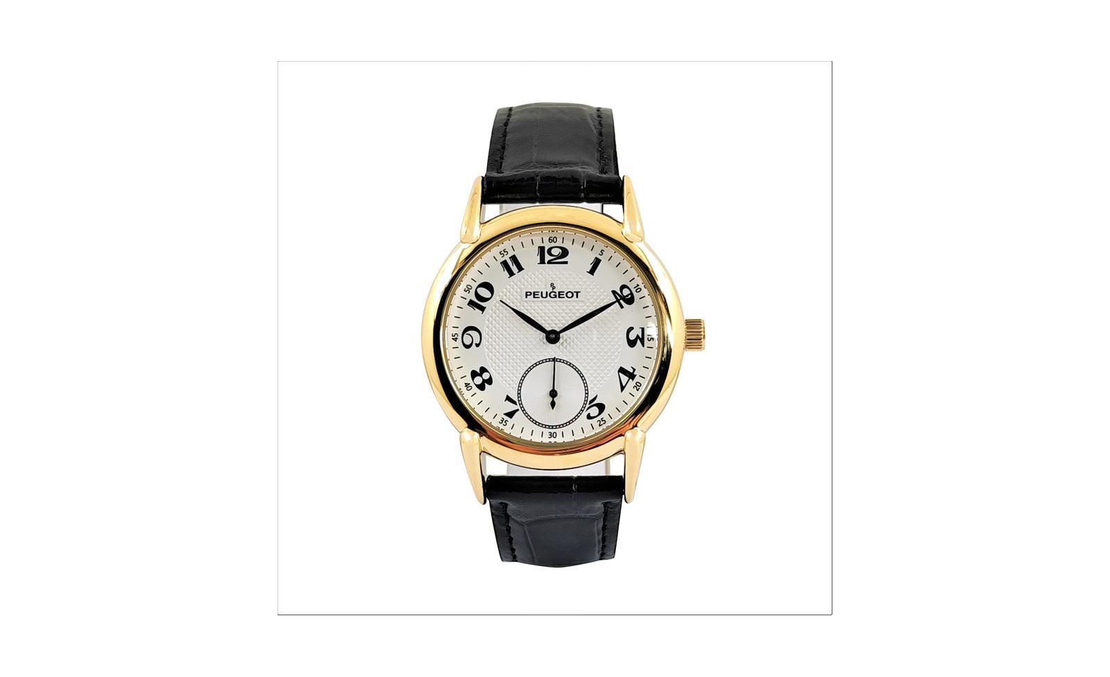 Peugeot Men’s Vintage 38mm Round Gold Plated Watch with Black Leather Band