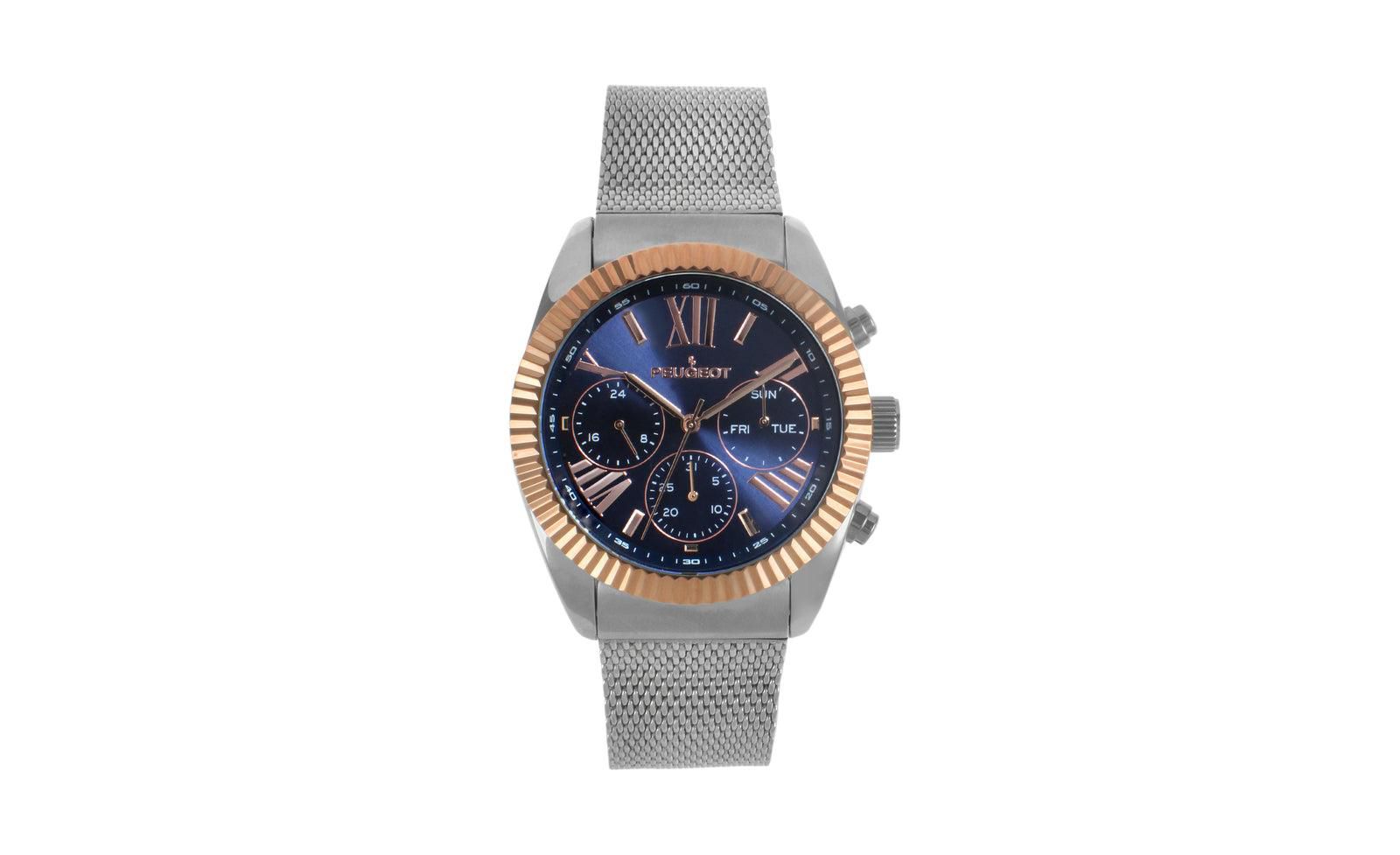 Peugeot Men's 42mm Silver Multi-Function Steel Mesh Bracelet Watch