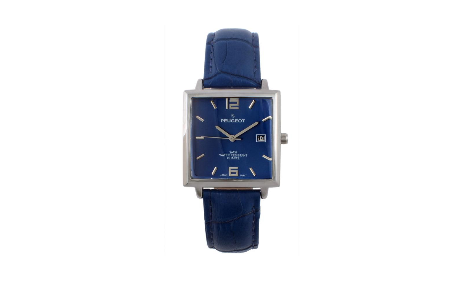 Peugeot Men's Modern 35x35mm Square Watch with Metal Case with Blue Leather Band