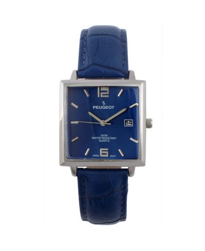 Peugeot Men's Modern 35x35mm Square Watch with Metal Case with Blue Leather Band