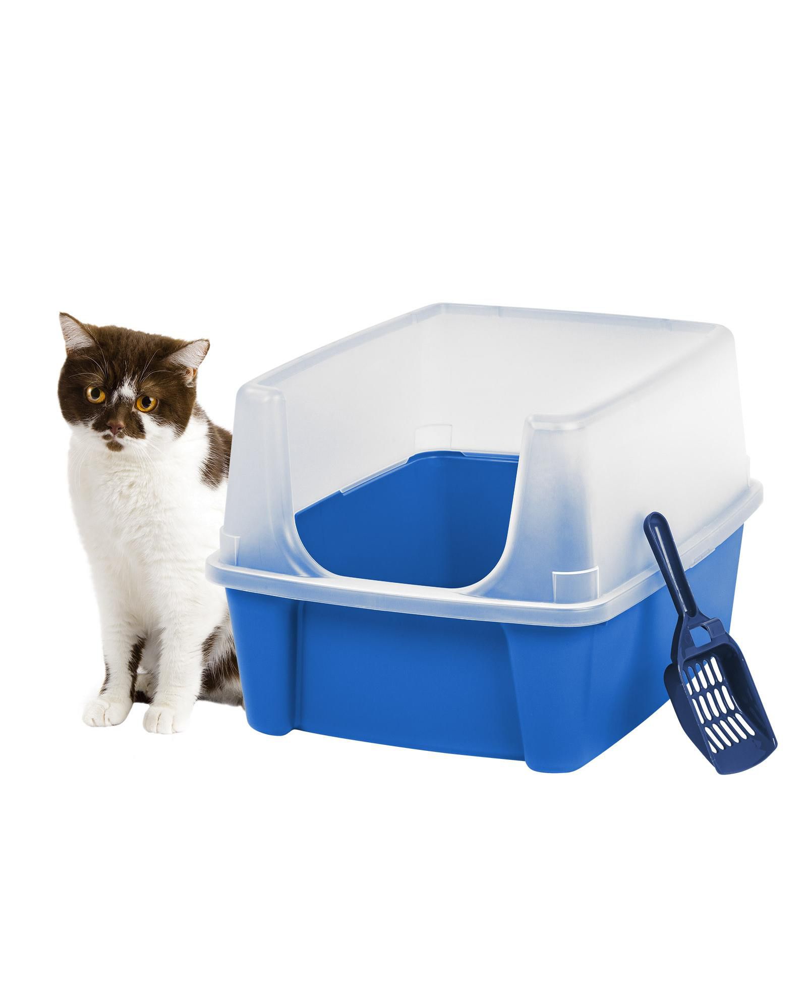 IRIS IRIS Open Top Cat Litter Tray with Scoop and Scatter Shield, Cat Litter Pan, Blue