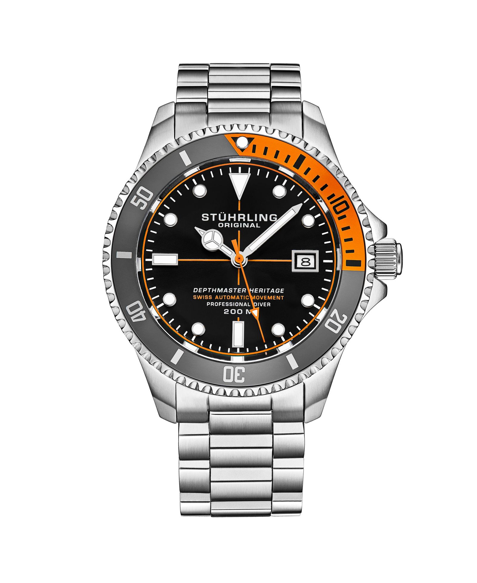 Stuhrling Men s Depthmaster Heritage 42mm Swiss Automatic Diver Watch, Black Dial, Orange Bezel, Stainless Steel Bracelet, 200M WR