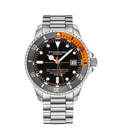 Stuhrling Мужские часы Depthmaster Heritage 42mm Swiss Automatic Diver, черный циферблат, оранжевый безель, стальной браслет, 200M WR