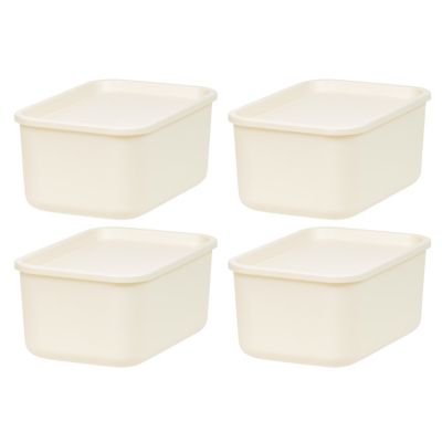 IRIS Plastic Modular Basket Bin and Lid, Small, 4-Pack, Stackable Lidded Storage Organizer Bins for-Kitchen-Bathroom and Bedroom, OFF White