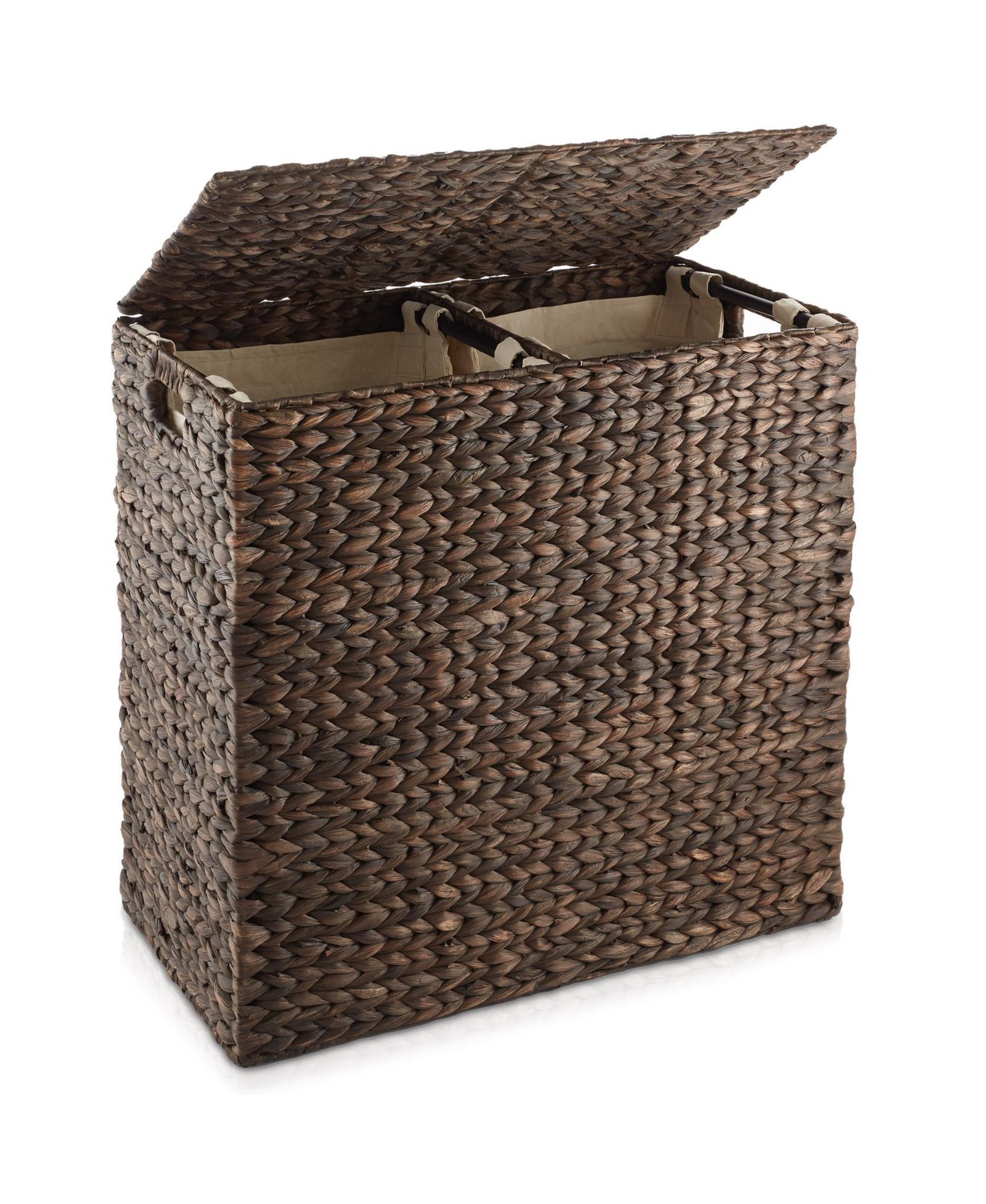 Casafield 2-Section Laundry Hamper with Lid and Removable Liner Bags Woven Water Hyacinth Laundry Basket