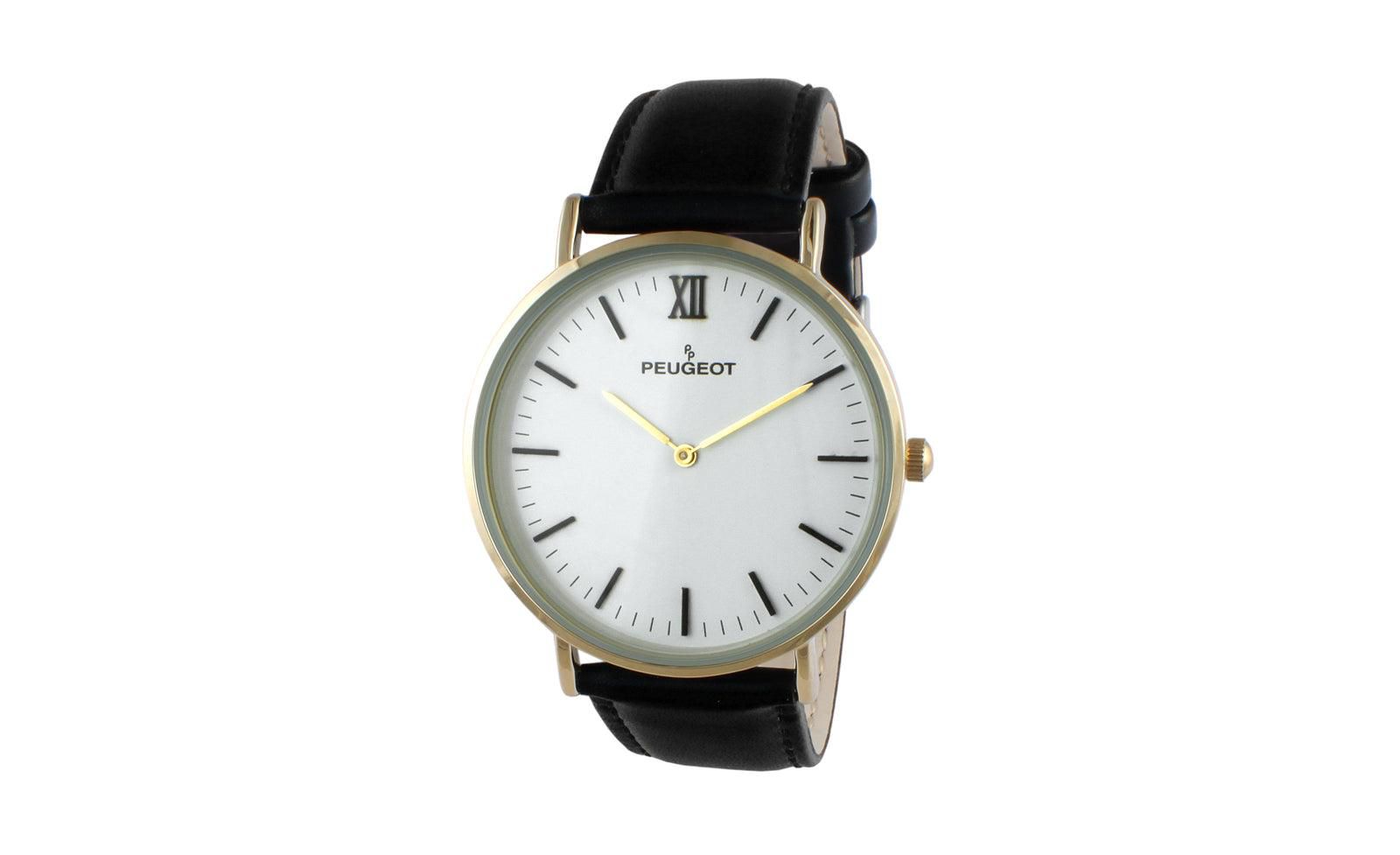 Peugeot Мужской White Dial Super Slim Watch с Black Leather Band
