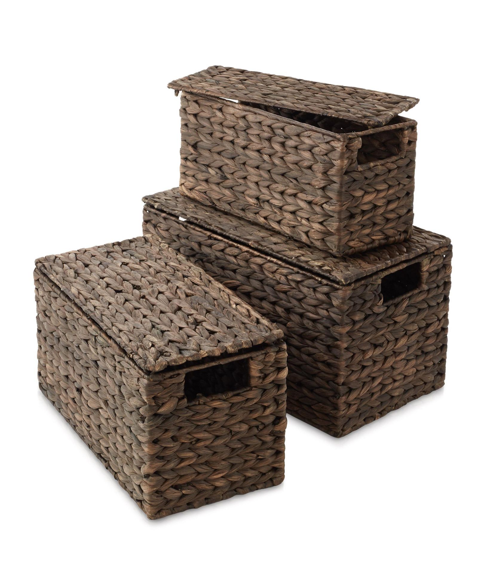 Casafield Set of 3 Water Hyacinth Storage Baskets with Lids, Natural - Small, Medium, Large - Decorative Bins for Bathroom, Closets, Laundry, Shelves