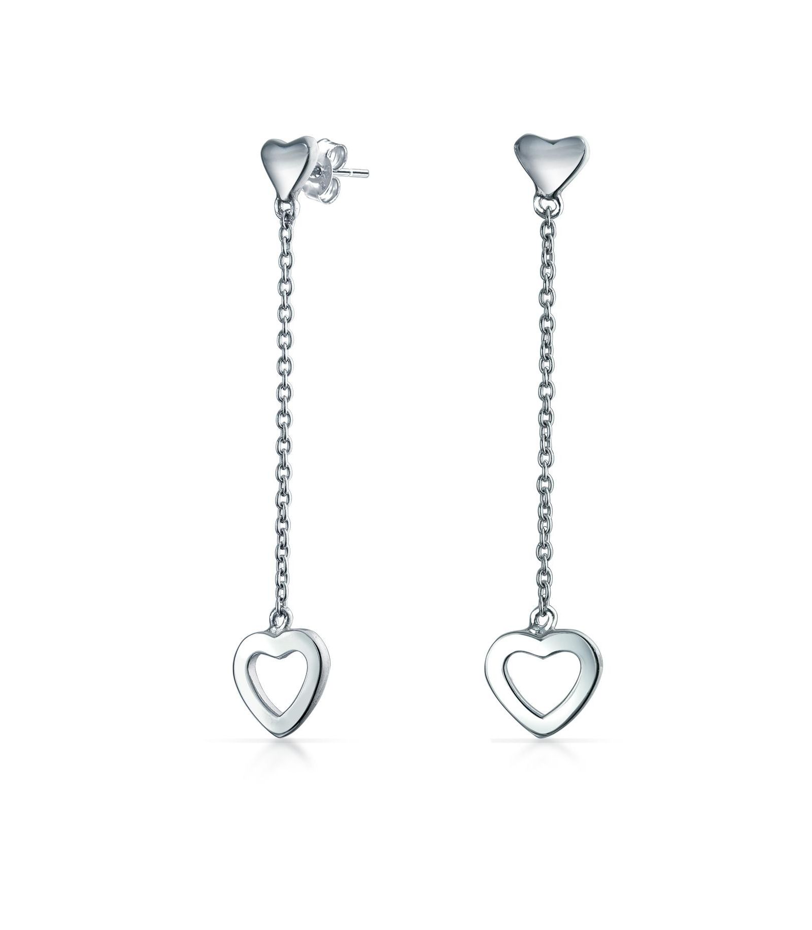 Bling Jewelry Romantic Open Hearts Dangle Earrings Chain Long .925 Sterling Silver