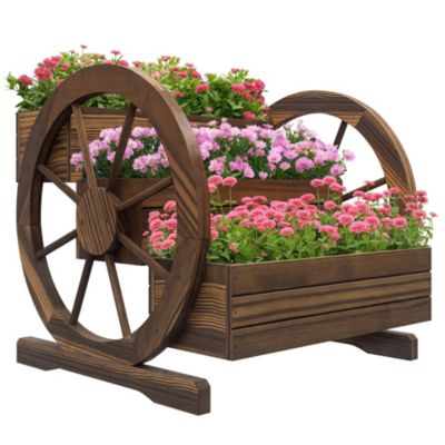 Outsunny Wooden Wagon Planter Box, Декоративный 3-Tier Stair Step Garden Bed
