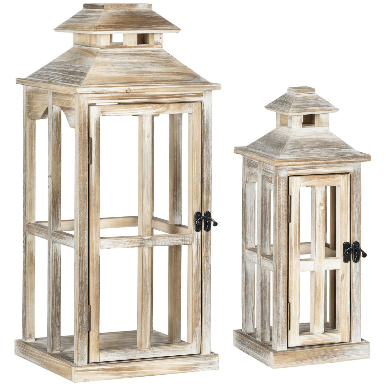 HOMCOM 2 Pack 28"/20" Large Lantern Decorative, Fir Wood Outdoor Lantern